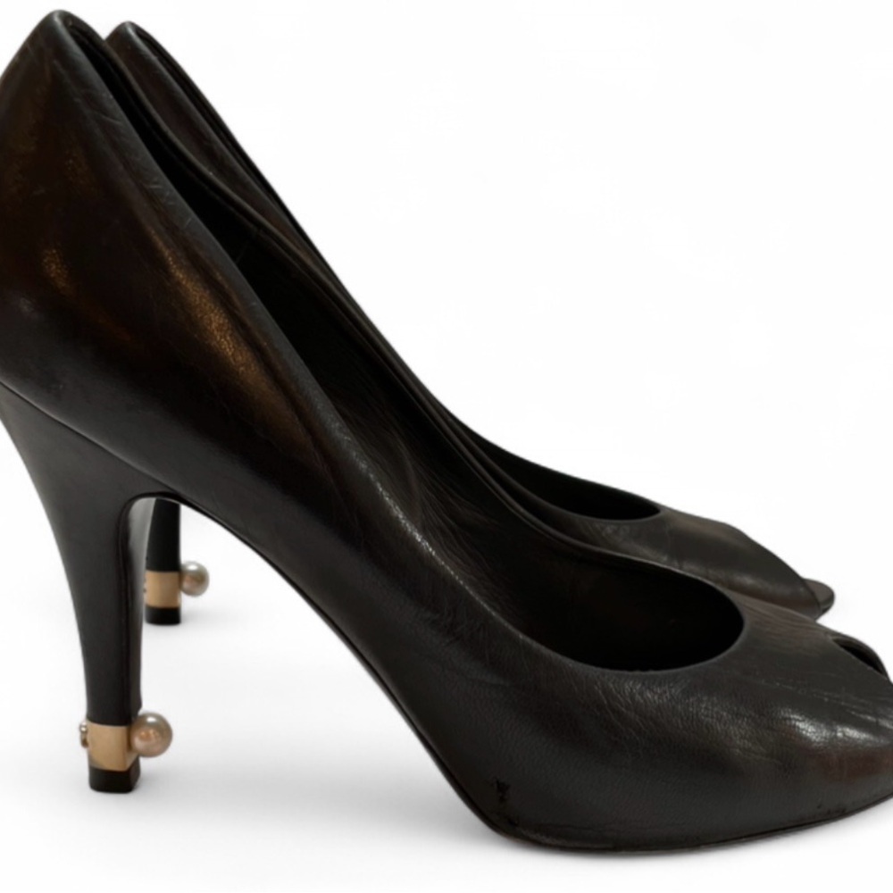 Chanel Black Leather Peep-Toe Pearl Logo Heels Size 8.5 - Picture 11 of 15